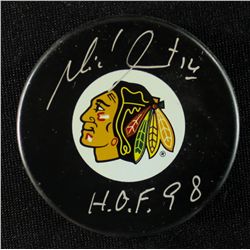 Michel Goulet Signed Blackhawks Logo Puck: Inscribed "HOF 98" (Schwartz COA)