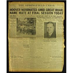 Vintage 1928 Newspaper with Headline "Hoover Nominated Amid Great Roar..."