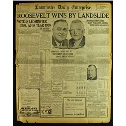 Vintage 1932 Newspaper with Headline "Roosevelt Wins By Landslide"