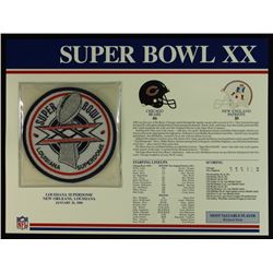 Super Bowl XX Patch With 12x9 Scorecard: Bears vs. Patriots