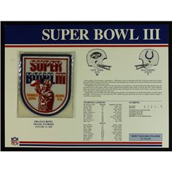 Super Bowl III Patch With 12x9 Scorecard: Jets vs. Colts
