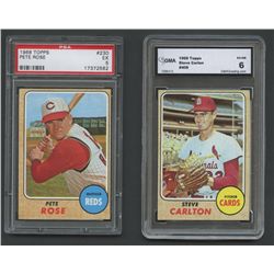 Lot of (2) 1968 Topps Baseball Cards with Pete Rose & Steve Carlton (Both Graded)
