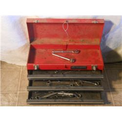 RED METAL HUSKEY TOOL BOX WITH MISC TWO SIDED