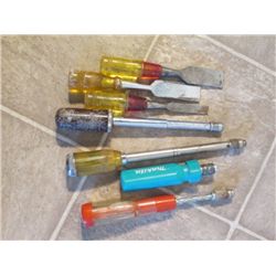 3 CHISELS, SMALL HAND DRILLS, AND MORE