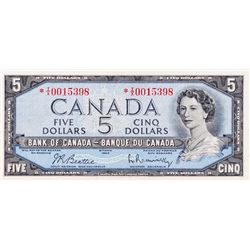 BANK OF CANADA. $5.00. 1954 Issue. BC-39bA. Beattie- Rasminsky. No. *I/X0015398. BCS graded Very Fin