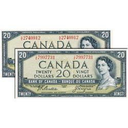 BANK OF CANADA. $20.00. 1954 Issue. BC-41a. Modified. No. K/E2740912. CCCS graded Unc-63; $20.00. 19