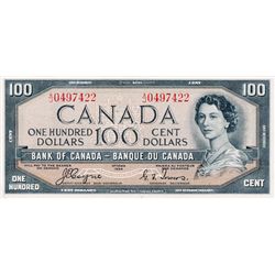 BANK OF CANADA. $100.00. 1954 Issue. BC-35a. Coyne-Towers. ‘Devil’s Face’. No. A/J0497422. BCS grade