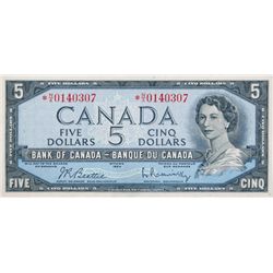 BANK OF CANADA. $5.00. 1954 Issue. BC-39bA. No. *NX0140307. BCS graded Extra Fine-40.