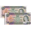 Image 1 : BANK OF CANADA. $20.00. 1969 Issue. BC-50aA. Lawson-Bouey. No. *EB1976279 & 6280. Lot of two (2) con