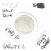Image 1 : 1852 LIBERTY SEATED SILVER 1/2 DIME VARIETY 2 *RARE FINE-12 GRADE* HARD TO FIND COIN!!