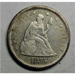 1875-S TWENTY CENT PIECE, NICE LOOKING AU! LUSTRE!