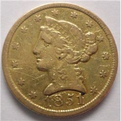 RARE C MINT GOLD 1851-C (REV. ROTATED 120 DEG.) VF LT SCRS.
