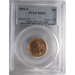 PCGS 1893-S $5 GOLD MS 62 SCARCE S MINT LOOKS NICER
