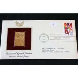1984 First Day Issue 22K Gold Replica Stamp W/Postal Stamp; Summer Olympic Games Women's Broad Jump