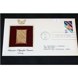 1984 First Day Issue 22K Gold Replica Stamp W/Postal Stamp; Summer Olympic Games Diving