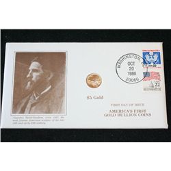 1986 First Day Issue St. Gauden's $5 Gold Coin W/Postal Stamps
