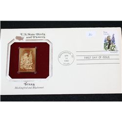 1982 First Day Issue 22K Gold Replica Stamp W/Postal Stamp; US State Birds and Flowers-Texas Mocking