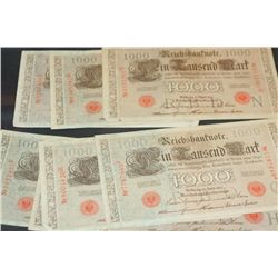 1910 German 1000 Finfausend Mark Foreign Bank Note; Lot of 8
