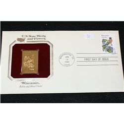 1982 First Day Issue 22K Gold Replica Stamp W/Postal Stamp; US State Birds and Flowers-Wisconsin Rob