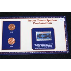1975 & 1976 Lincoln Penny Set W/Postal Stamp Commerating Emancipation Proclamation Issued