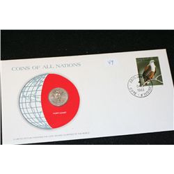 1982 Ivory Coast Foreign Coin; Coins of All Nations W/Postal Stamp Dated 1983