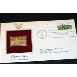 1983 First Day Issue 22K Gold Replica Stamp W/Postal Stamp; Physical Fitness Exercise and Sports