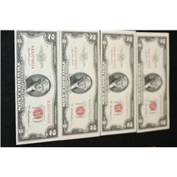 1953-A United States Note $2; Red Seal; Lot of 4 Consecutive Notes