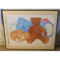 FRAMED & MATTED CAT & TEDDY BEAR WATER PAINTING