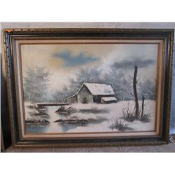 WOOD FRAMED SIGNED & MATTED BARN IN WINTER