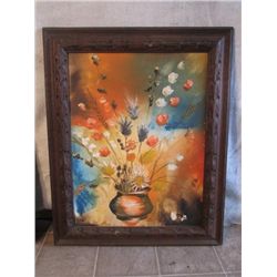 UNIQUE WOOD FRAMED OIL ON CANVAS FLOWERS IN VASE