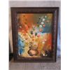 Image 1 : UNIQUE WOOD FRAMED OIL ON CANVAS FLOWERS IN VASE