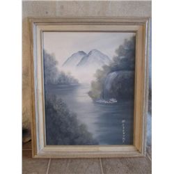 WOOD FRAMED MOUNTAINS AND WATERFALL W/ FOREIGN