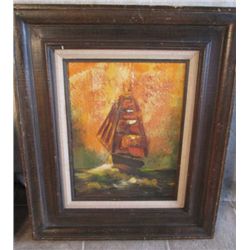 MATTED WOOD FRAMED OIL ON CANVAS SHIP SAILING
