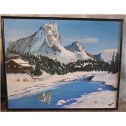 FRAMED OIL ON CANVAS NICE CABIN BELOW MOUNTAIN