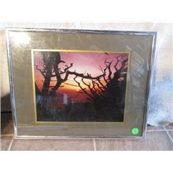 METAL FRAMED & MATTED SUNSET OVER OCEAN PRINT