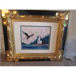 GOLD & BLACK WOOD FRAMED EAGLE & LIGHTHOUSE PRINT