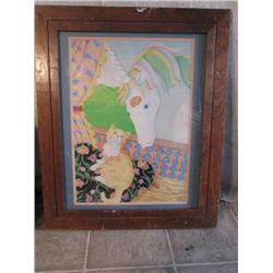 WOOD FRAMED FANTASY UNICORN & CAT PRINT