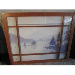 WOOD WINDOW FRAMED FOGGY LAKE