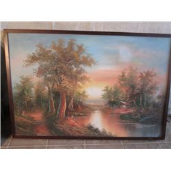 WOOD FRAMED OIL ON CANVAS SUNSET ON THE RIVERSIDE