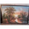 Image 1 : WOOD FRAMED OIL ON CANVAS SUNSET ON THE RIVERSIDE