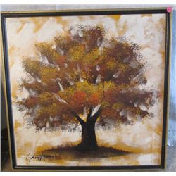 BLACK & GOLD WOOD FRAMED OIL ON CANVAS OAK TREE
