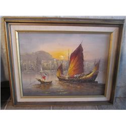 WOOD FRAMED OIL ON CANVAS, ITALIAN BOATS