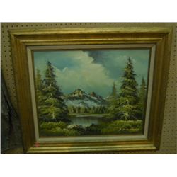 GOLD WOOD FRAMED OIL ON CANVAS LAKE