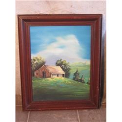 BEV WILLIAMS WOOD FRAMED OIL ON CANVAS BARN