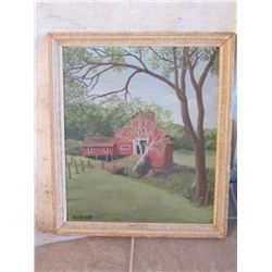 VINTAGE WOOD FRAMED OIL ON CANVAS RED BARN IN