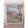 Image 1 : VINTAGE WOOD FRAMED OIL ON CANVAS RED BARN IN