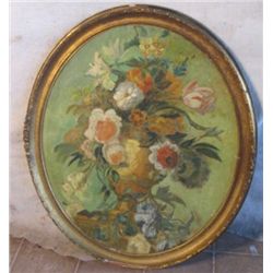 1893 OVAL WOOD FRAMED OIL ON CANVAS FLOWERS IN
