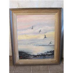 WOOD FRAMED OIL ON CANVAS DUCKS FLYING OVER