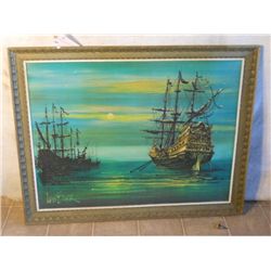 LEE BURR WOOD FRAMED SHIPS SAILING ON GREEN OCEAN