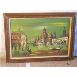 WOOD & CANVAS FRAMED HEAVY OIL PAINT OF ITALIAN